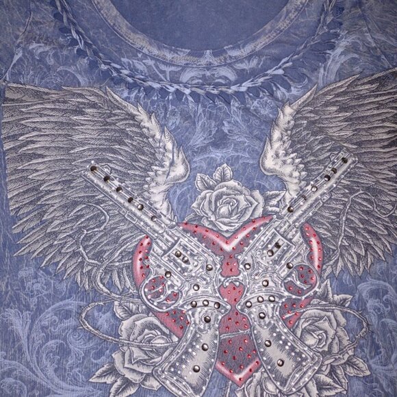 COTTY ON VINTAGE TSHIRT DISTRESSED GUNS WINGS ROSES BLING RHINESTONES SIZE L - Picture 3 of 13